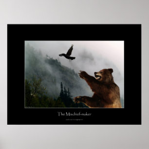 Raven & Grizzly Bear Roligt Wildlife Art Poster