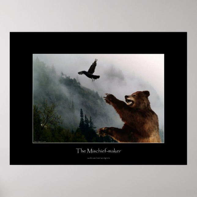 Raven & Grizzly Bear Roligt Wildlife Art Poster (Framsidan)
