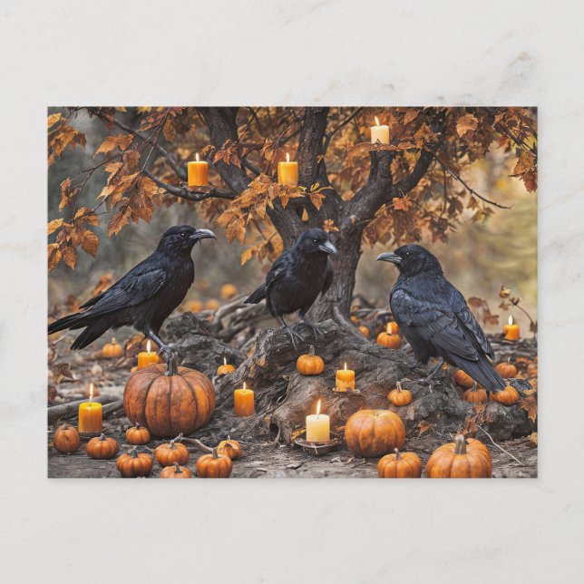 Raven Halloween med Pumpkins and Candles Helg Vykort (Framsida)