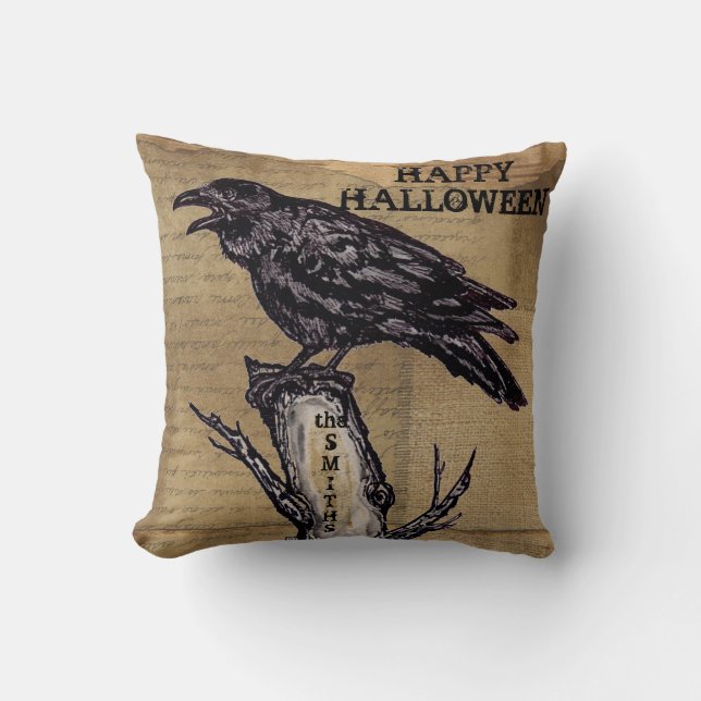 Raven Halloween Pillow Personalize Burlap Neutralt Kudde (Framsida)