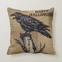 Raven Halloween Pillow Personalize Burlap Neutralt Kudde