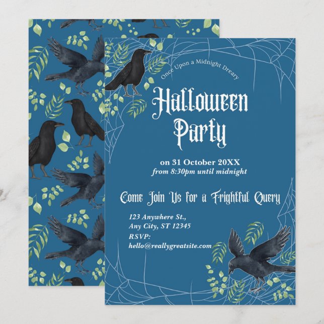 Raven Halloweenfest Inbjudan i Blått (Fram/baksida)