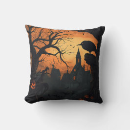 Raven Haunted Village Halloween Black Orange Kudde
