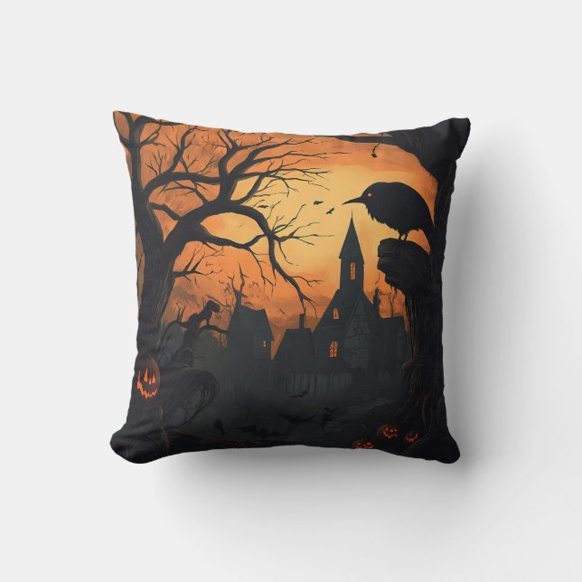 Raven Haunted Village Halloween Black Orange Kudde (Framsida)