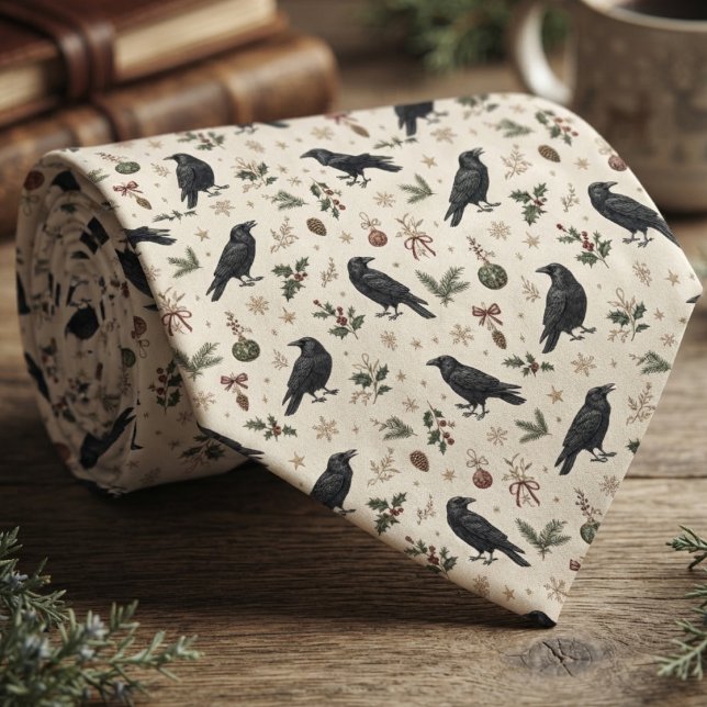 Raven Holiday Botanisk Kräm Slips (Cream raven pattern necktie for nature lovers at holiday parties.)