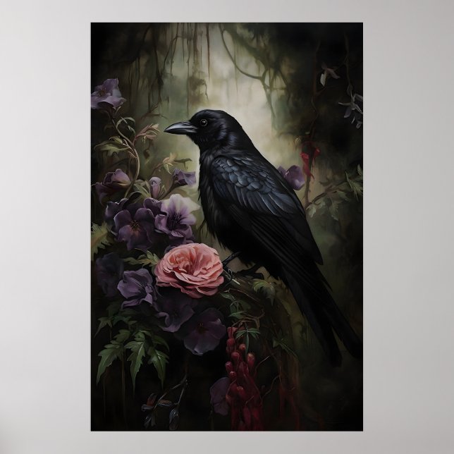 Raven i dyster blomster skog Tryckbar, Kråka Poster (Framsidan)