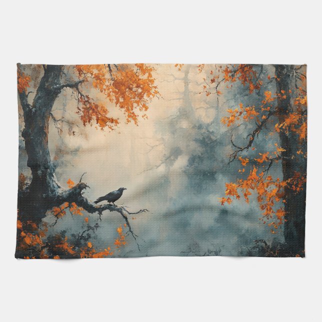Raven i Misty Autumn Forest Kökshandduk (Horisontell)