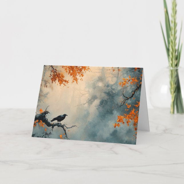 Raven i Misty Autumn Forest Kort (Framsida)