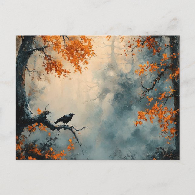 Raven i Misty Autumn Forest Vykort (Framsida)