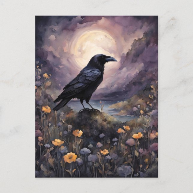 Raven i Moonlight Watercolor Vykort (Framsida)