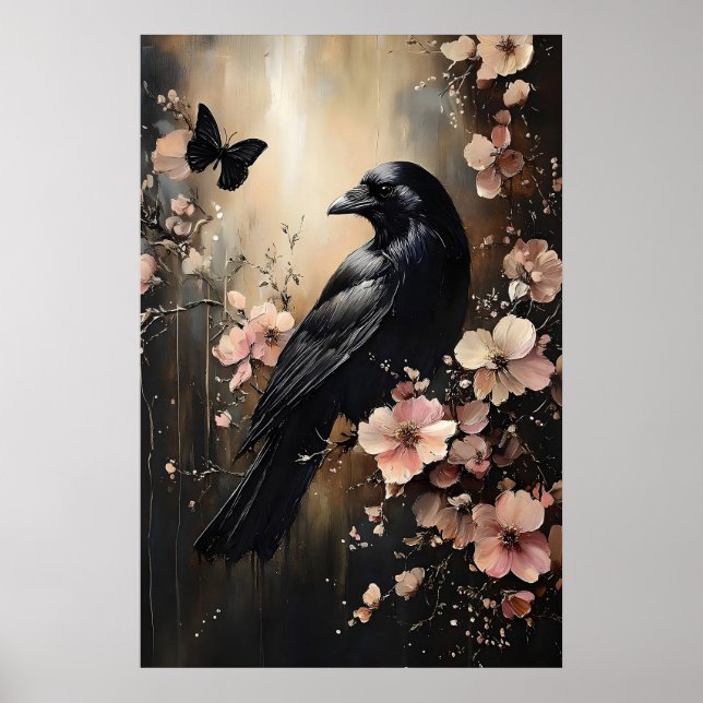 Raven In Moody Flower Forest Utskrivbar, Kråka Poster (Framsidan)