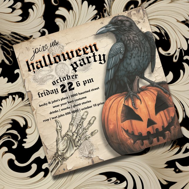 Raven | JACK O LANTERN | Skeleton Hand | Halloween Inbjudningar (Raven on top of jack o lantern with spooky skeleton hand Halloween party invite)