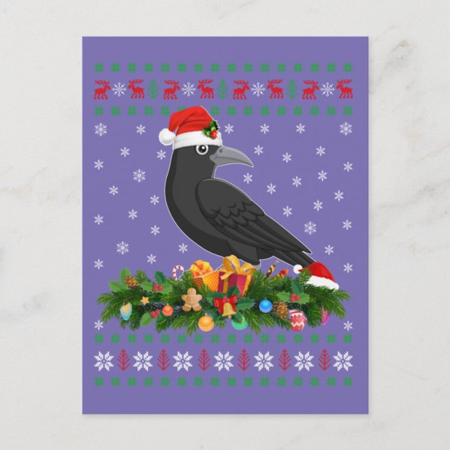 Raven Kråka Bird Älskare Julafton Santa Hat Ugly K Vykort (Framsida)