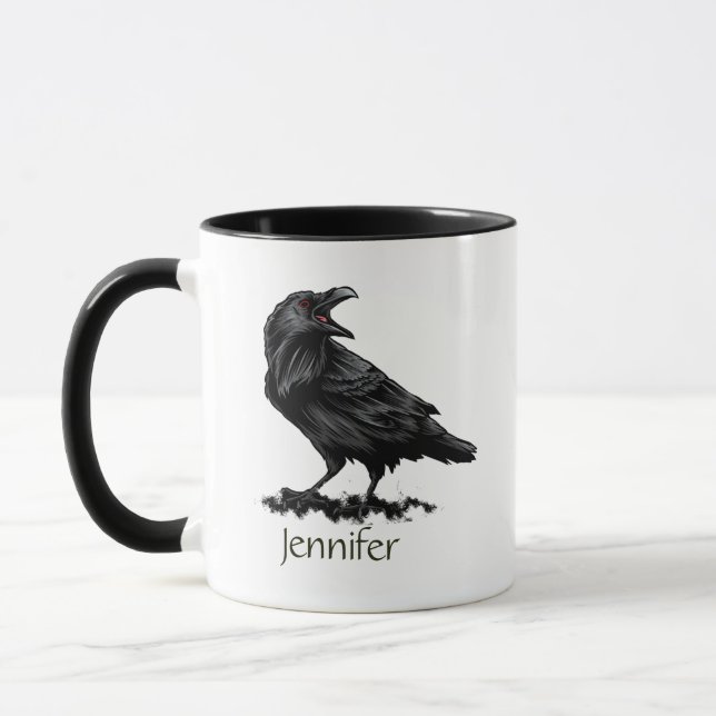Raven Kråka Black Bird Animal Art Custom Name Mugg (Vänster)