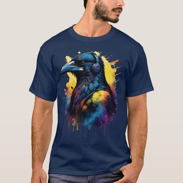 Raven Kråka Black Bird Wearing Headphone T Shirt (Framsida)
