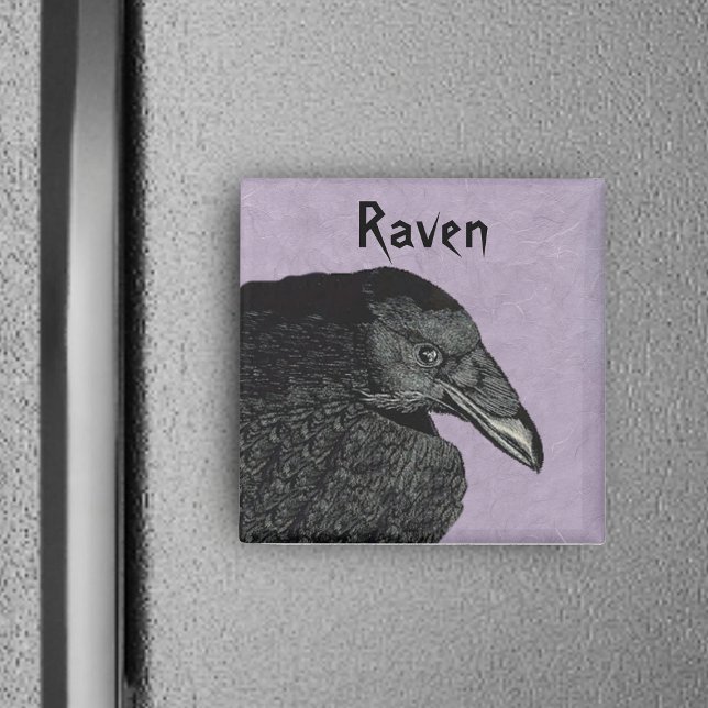 Raven Magnet (Head wing of black spooky Raven bird on marbled purple square magnet.)