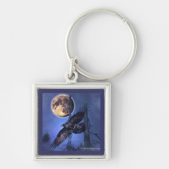 RAVEN & Måne gotiic Mystic Keychain Fyrkantig Silverfärgad Nyckelring (Framsidan)