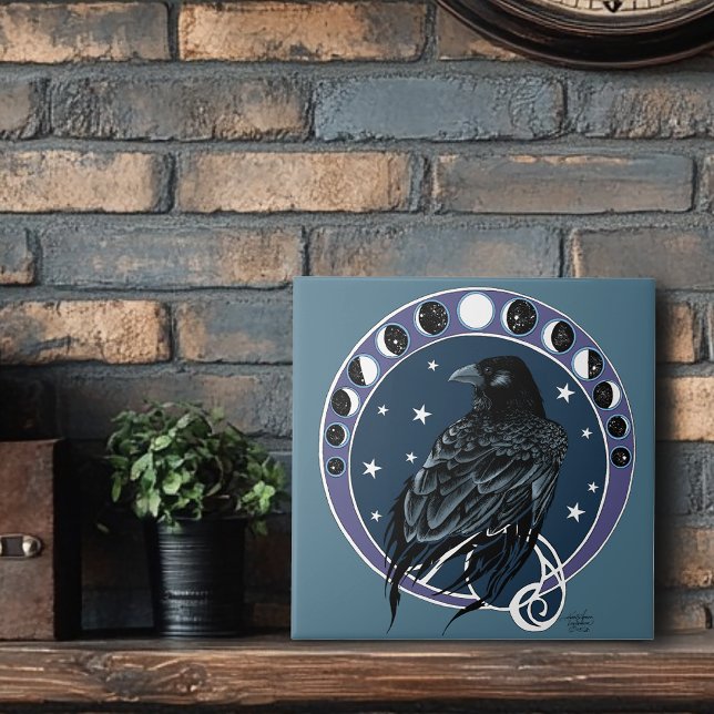 Raven Måne Phases Stars Blue Kakelplatta (Skapare uppladdad)