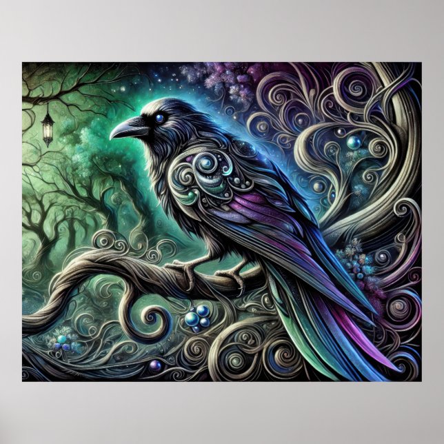 Raven med Iridescent Feathers i Enchanted Forest Poster (Framsidan)