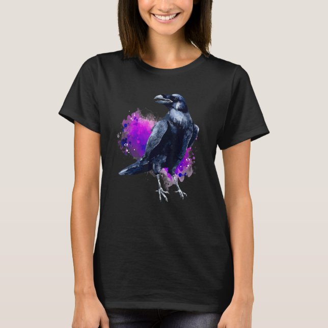 Raven med Lila Watercolor Stänk bakgrund T Shirt (Framsida)