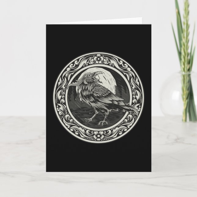 Raven Medaljong Träsnideri Konst Fågel Natur   Kort (Framsida)