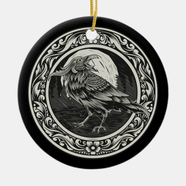 Raven Medallion Carving Art Bird Nature Ickmore Julgransprydnad Keramik (Framsidan)