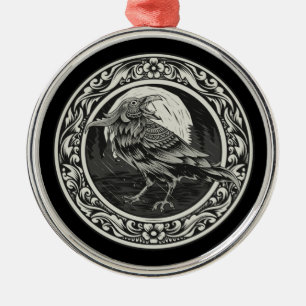 Raven Medallion Carving Art Bird Nature Julgransprydnad Metall