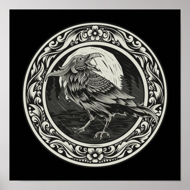 Raven Medallion Carving Art Bird Nature Poster (Framsidan)