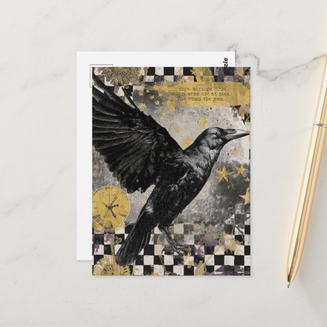 Raven Mixed Media Collage Vykort (Fram/Back In Situ)