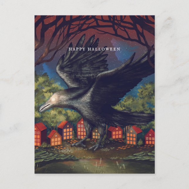 Raven Moonlight Witches Halloween Natt Vykort (Framsida)
