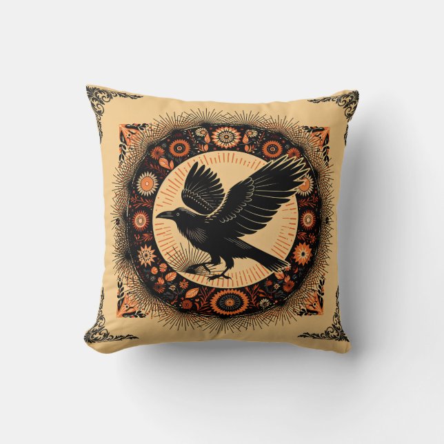 Raven Mörk Akademisk Mandala Cirkel Boho Gotisk Kudde (Framsida)