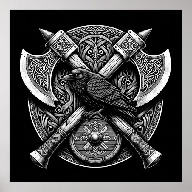 Raven och Axes - Norse Warrior Shield Wall Art Poster (Framsidan)