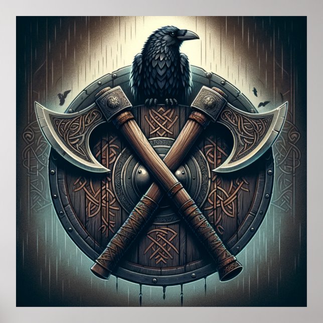 Raven och Axes - Norse Warrior Shield Wall Art Poster (Framsidan)