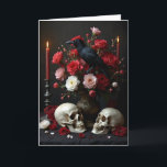 Raven och Döskallar med Bouquet Friend Birthday Kort<br><div class="desc">Två döskallar visas framför en lush-bukett av rött,  rosa och vit ros,  med en kork på blommorna. Ett vackert gotiskt födelsedagskort för en vän.</div>