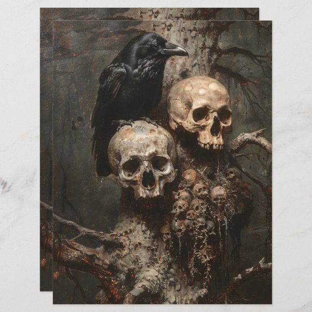 Raven och Döskallar Spooky Scrapbook Papper (Fram/baksida)