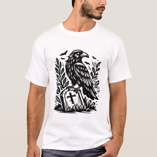 Raven och Gravsten Gothic Graveyard Line Art T Shirt (Framsida)