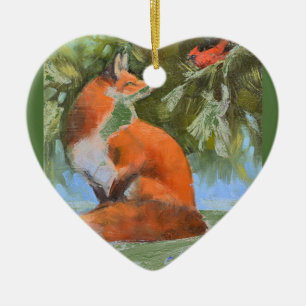 Räven och kardinalen julgransprydnad keramik