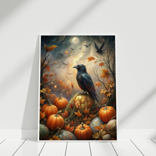 Raven och Pumpkin Forest - Mörken Autumn Fairy Poster (Raven and Pumpkin Forest – Dark Autumn Fairy Poster in a white wooden frame)