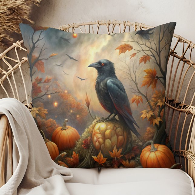 Raven och Pumpkin - Mörken Höstdecor Kudde (Raven and Pumpkin – Dark Autumn Decor Throw Pillow in a boho rattan armchair)