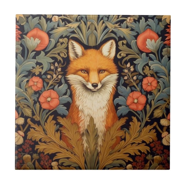 räven och rödblommorna art nouveau stil kakelplatta (Framsidan)
