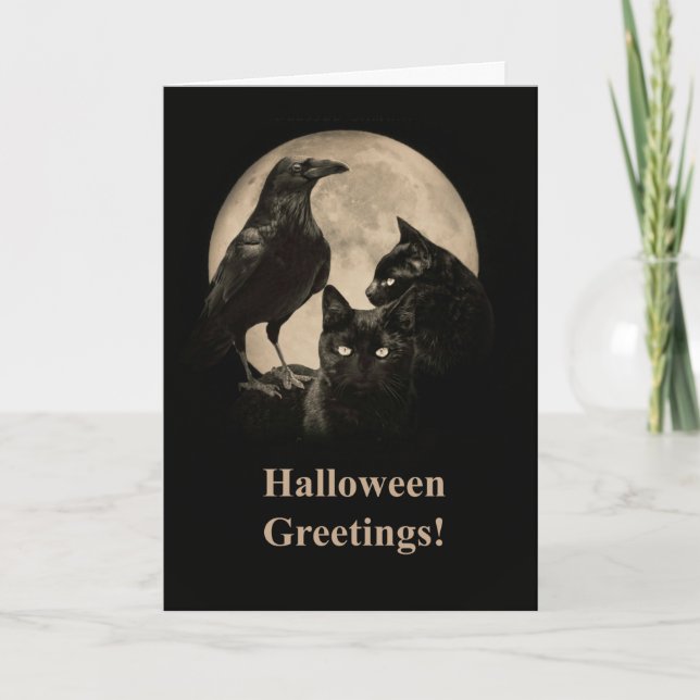 Raven och Svarta katter Happy halloween Kort (Framsida)