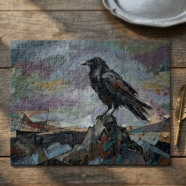 Raven on Peak – Impasto Corvid Dark Gothic Pussel (Dark gothic raven jigsaw puzzle)