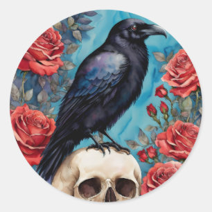 Raven On Skull Röd ros Natt Runt Klistermärke