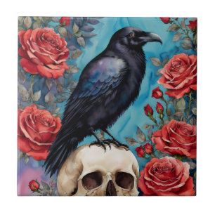 Raven on Skull Röd ros på natten Kakelplatta