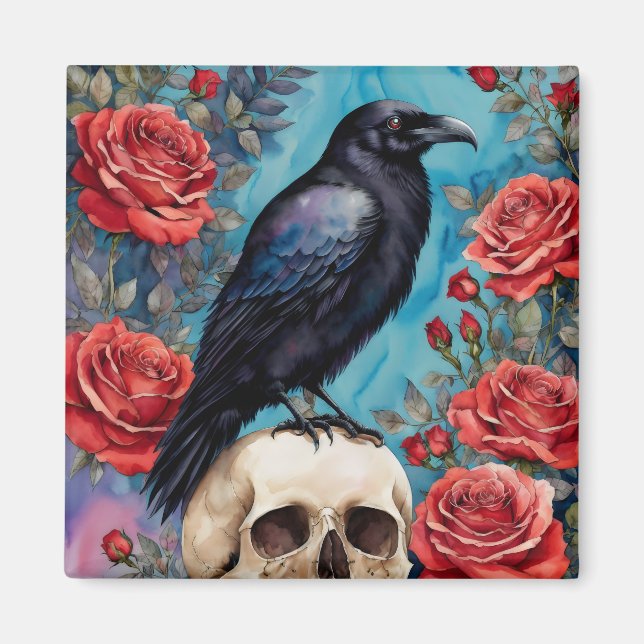 Raven on Skull Röd ros Teal Background Magnet (Framsidan)