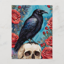 Raven on Skull Röd ros Teal Background Vykort