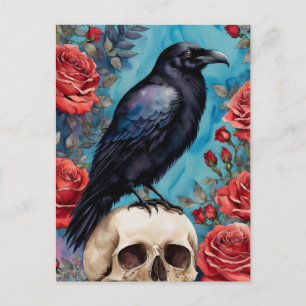 Raven on Skull Röd ros Teal Background Vykort