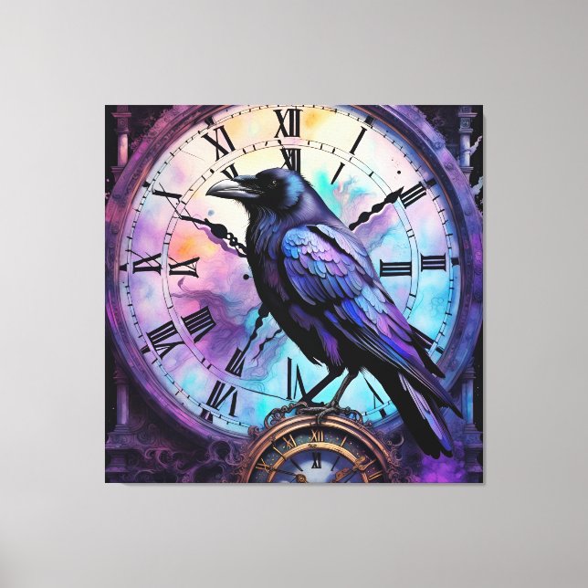 Raven på Clock Watercolor Canvastryck (Framsida)