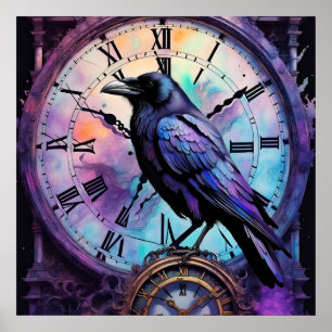Raven på Clock Watercolor Poster