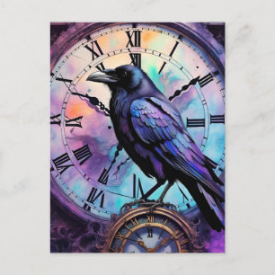 Raven på Clock Watercolor Vykort